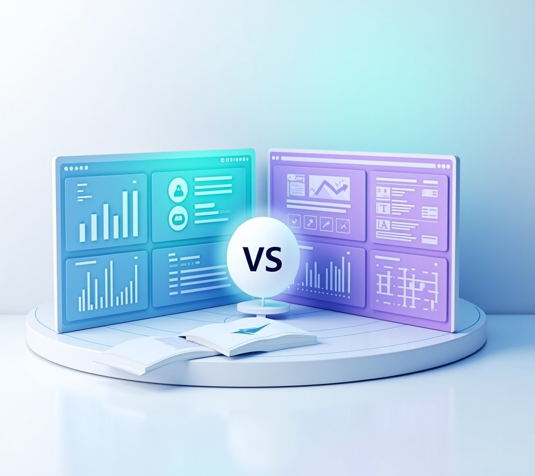 Split screen concept of two property management dashboards on laptops, no text, no logos, no readable UI, no brand names