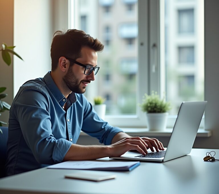 Landlord checking rent payment status on a laptop at home, no text, no logos, no readable UI, no brand names
