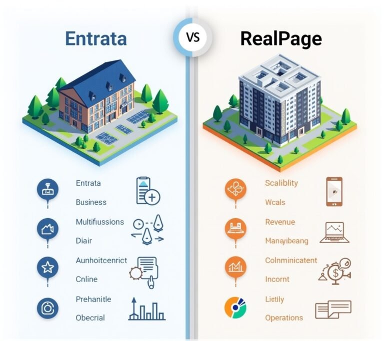 Two apartment buildings side by side representing a comparison, no text, no logos, no readable UI, no brand names