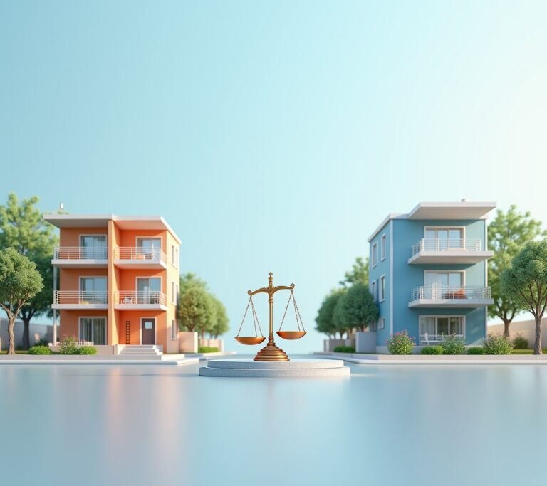 Two multifamily apartment complexes shown side by side for comparison, no text, no logos, no readable UI, no brand names