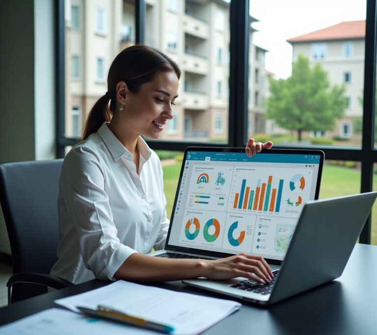 Multifamily portfolio manager reviewing reports on a laptop in an office, no text, no logos, no readable UI, no brand names