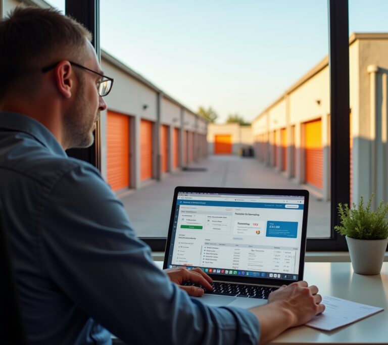 Self storage facility owner reviewing revenue reports on a laptop, no text, no logos, no readable UI, no brand names