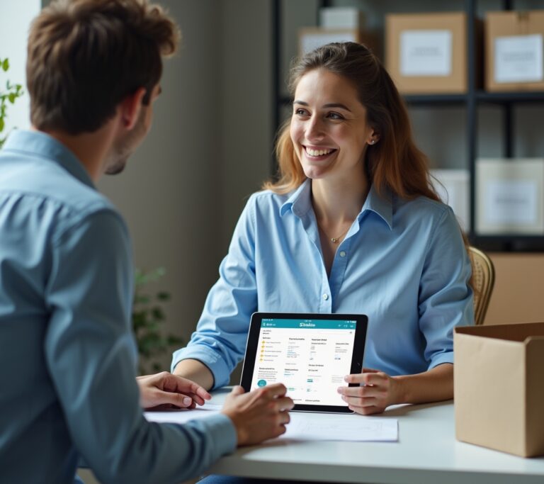 Self storage manager reviewing unit availability on a laptop, no text, no logos, no readable UI, no brand names