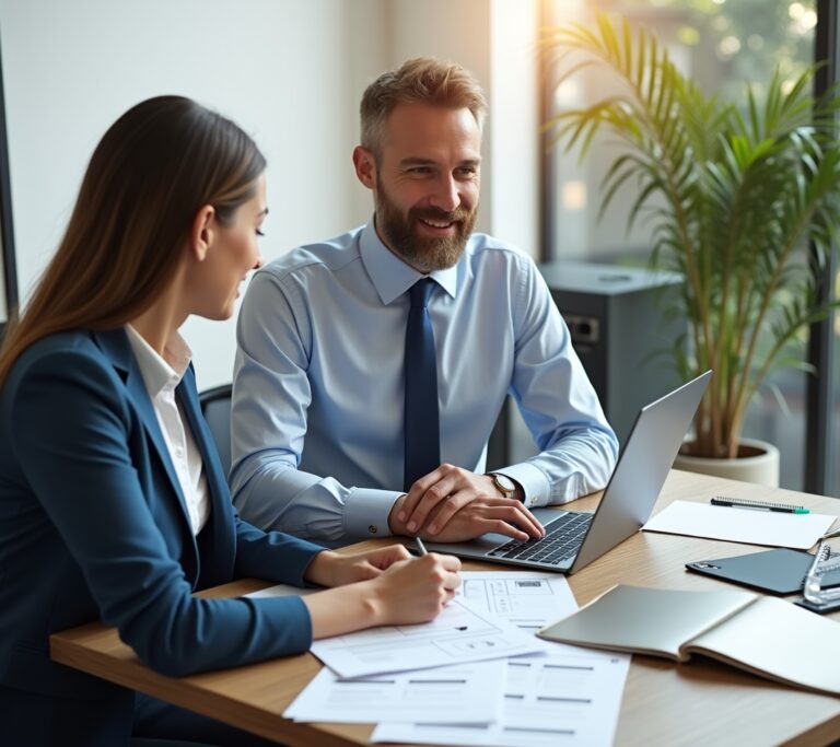 Landlord reading through a printed tenant application at a desk, no text, no logos, no readable UI, no brand names