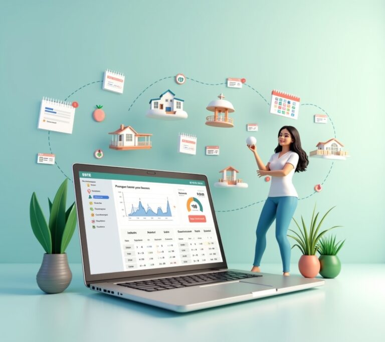Vacation rental owner reviewing seasonal pricing charts on a laptop, no text, no logos, no readable UI, no brand names